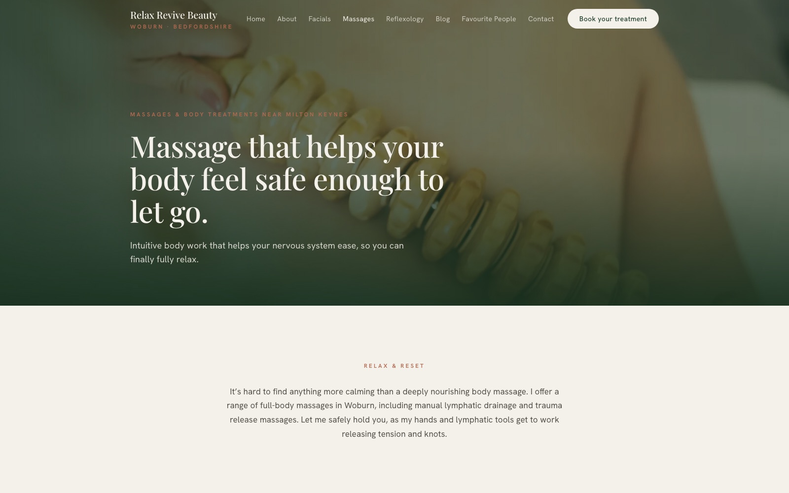 Relax Revive Beauty massage page, designed and built by G Digital Works
